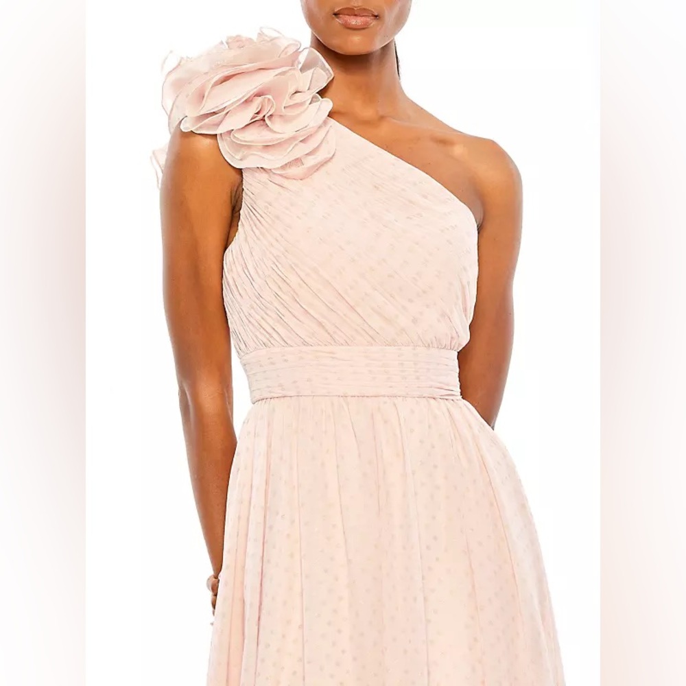 NWT Mac Duggal 49536 Pink 3D Flower Ruffle One Shoulder Gown Polka dot Size 10